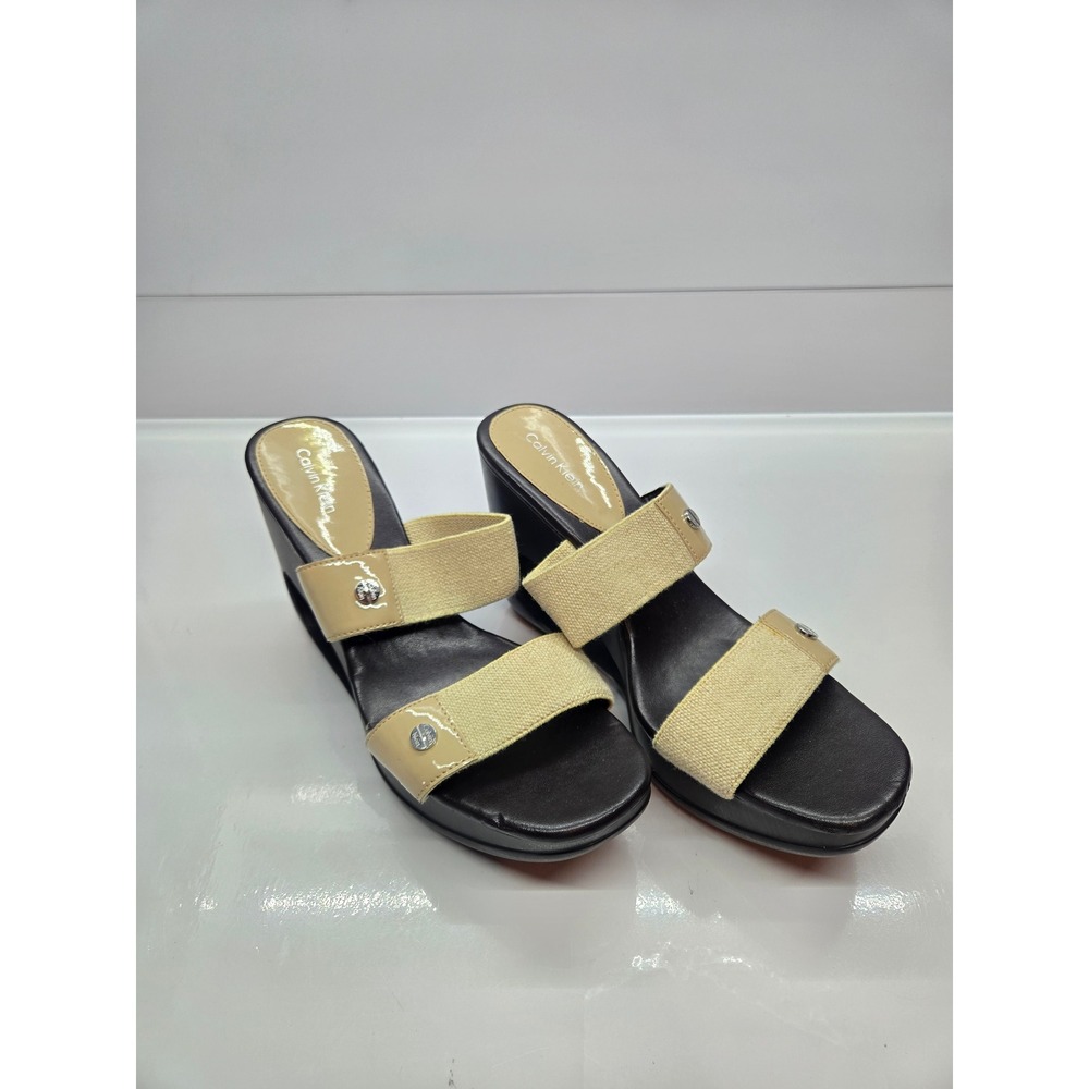 Calvin Klein Yanz Black Beige Canvas Patent Wedge Sandals Womens 8.5M E8681